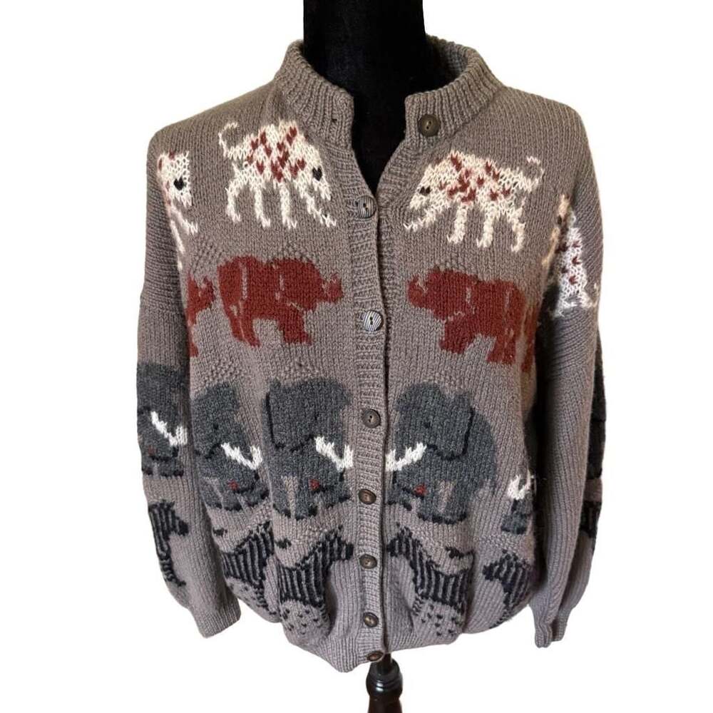 Vintage Jayson Younger Safari Animal Hand Knit Wool Cardigan Sweater Large